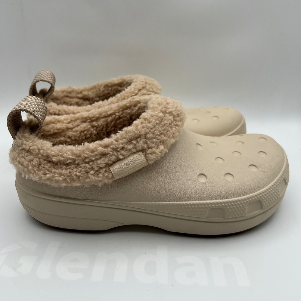 Crocs Fleece Lined Clog Womens 7 Beige Solid Faux Fur Platform Slip On Shoes